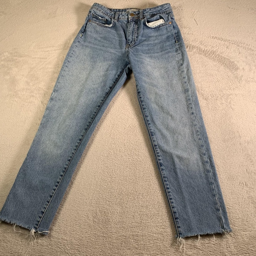 Zara Mom Jeans Womens 2 Blue Light Wash High Rise Raw Hem Distressed Denim 27x25